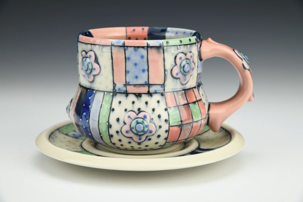 Mint and Pink Quilt Teacup and Saucer