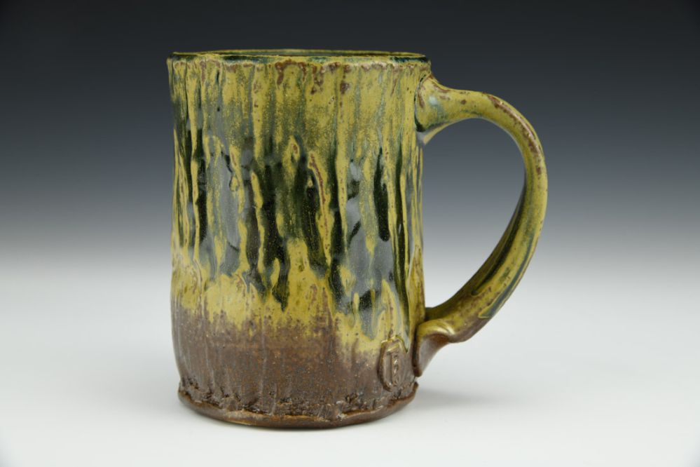 Tall Bark Mug With Green Moss Glaze