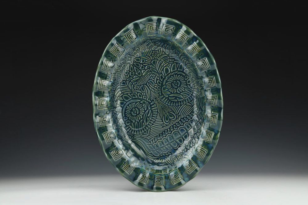 Skull Impression Seaweed Green Large Oval Serving Platter
