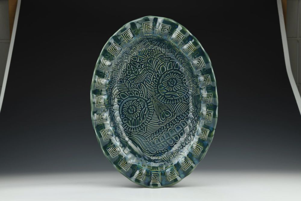 Skull Impression Seaweed Green Large Oval Serving Platter