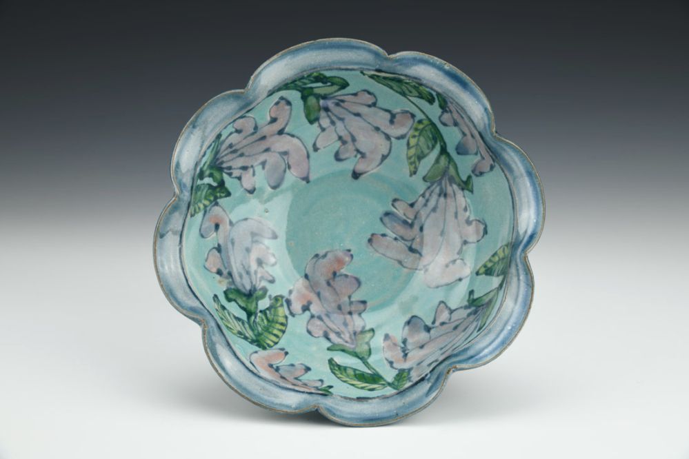 Blue Bowl with Purple Grass Flowers