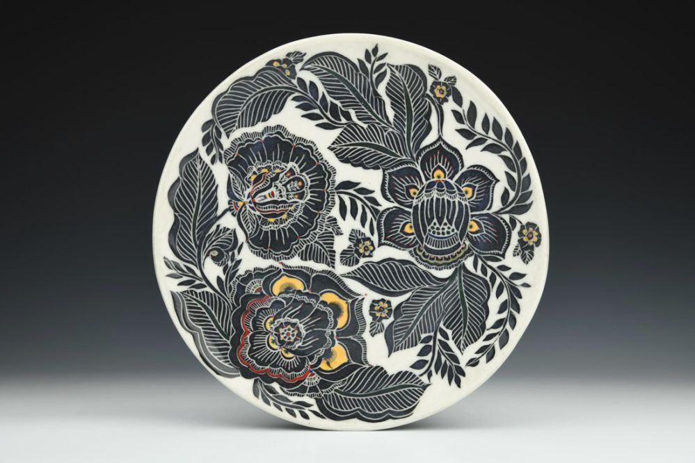 B+W Floral Sgraffito Plate