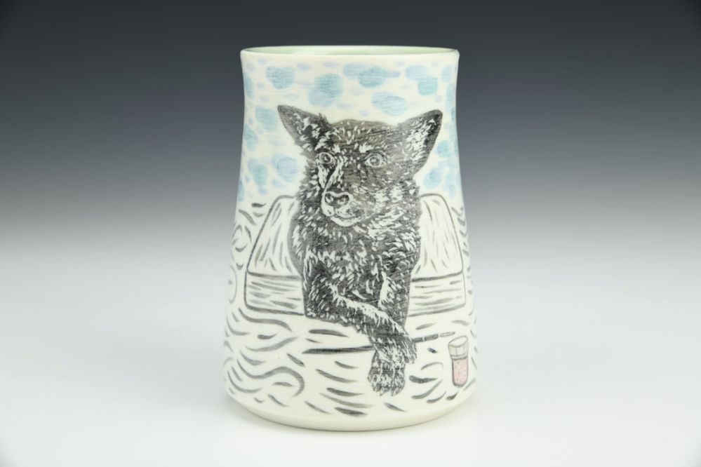 Dog with Brush and Two Hands Painting Pot