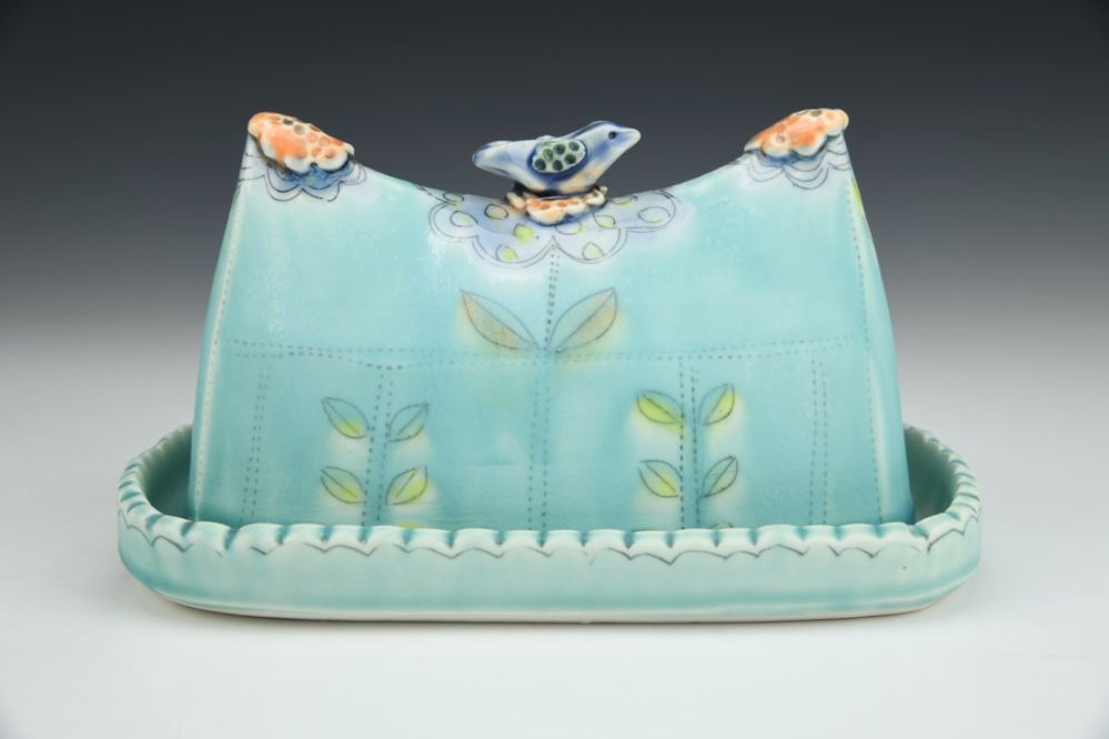 Aqua Butter Dish with Blue Bird