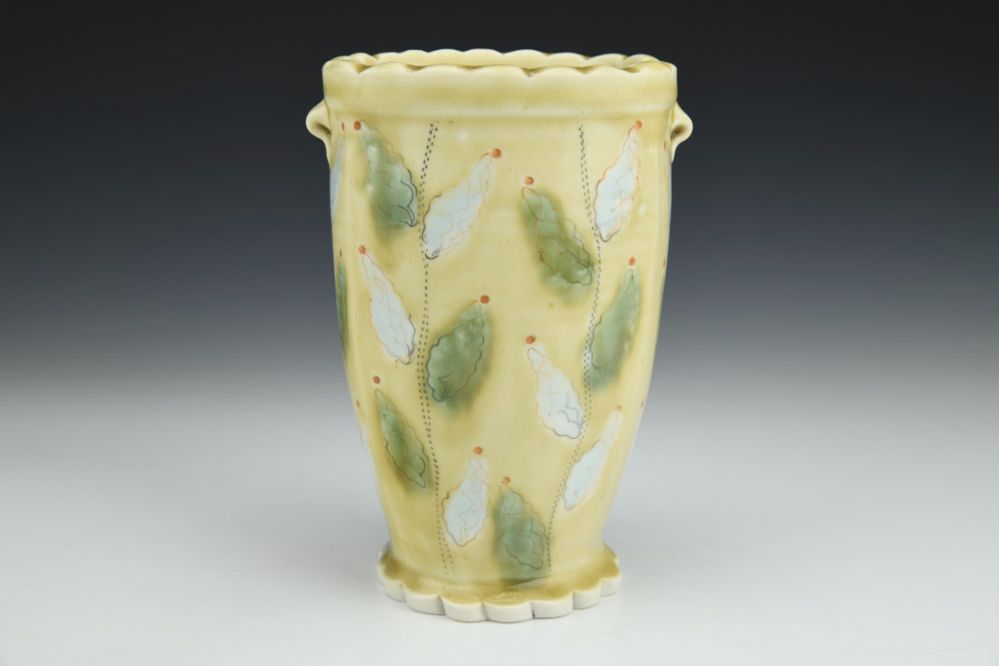 Yellow Square Vase with Leaves