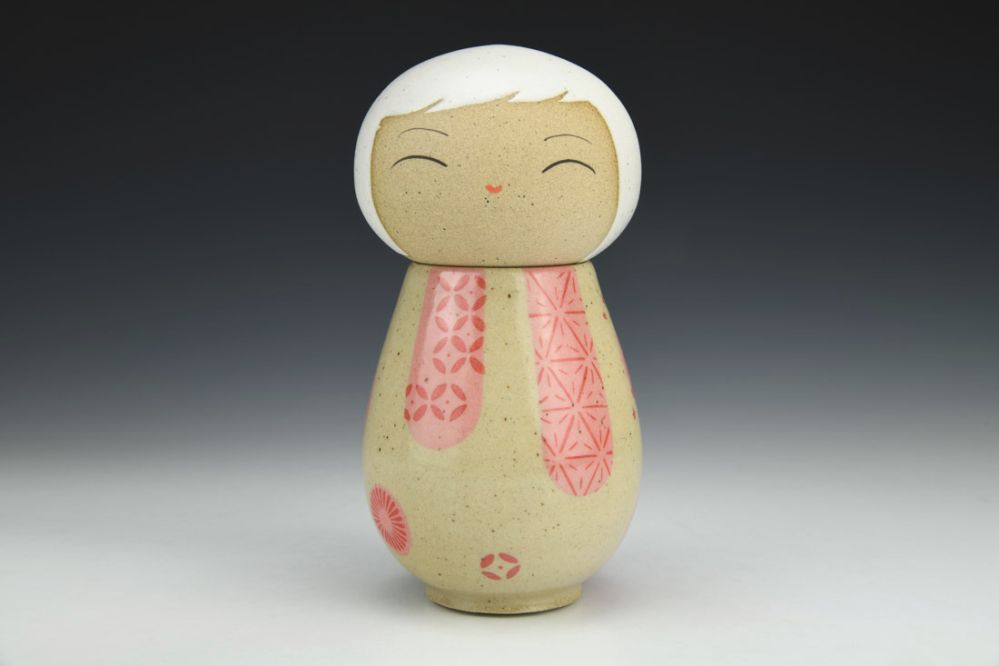 Kokeshi Inspired Vessel - Cheerful Pink Whimsical Landscape with White Hair