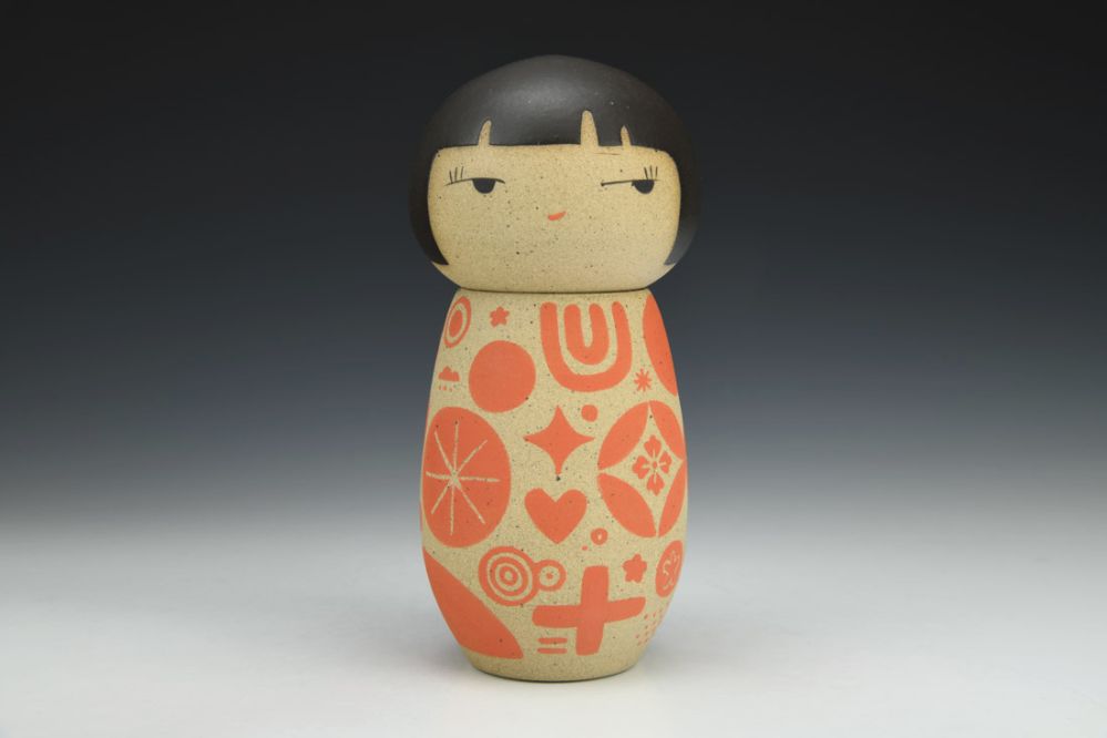 Kokeshi Inspired Vessel - Coy Red Graphic Motifs with Black Hair