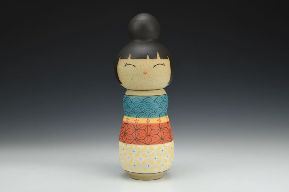 Kokeshi Inspired Vessel - Cheerful Multi-Patterned with Black Bun