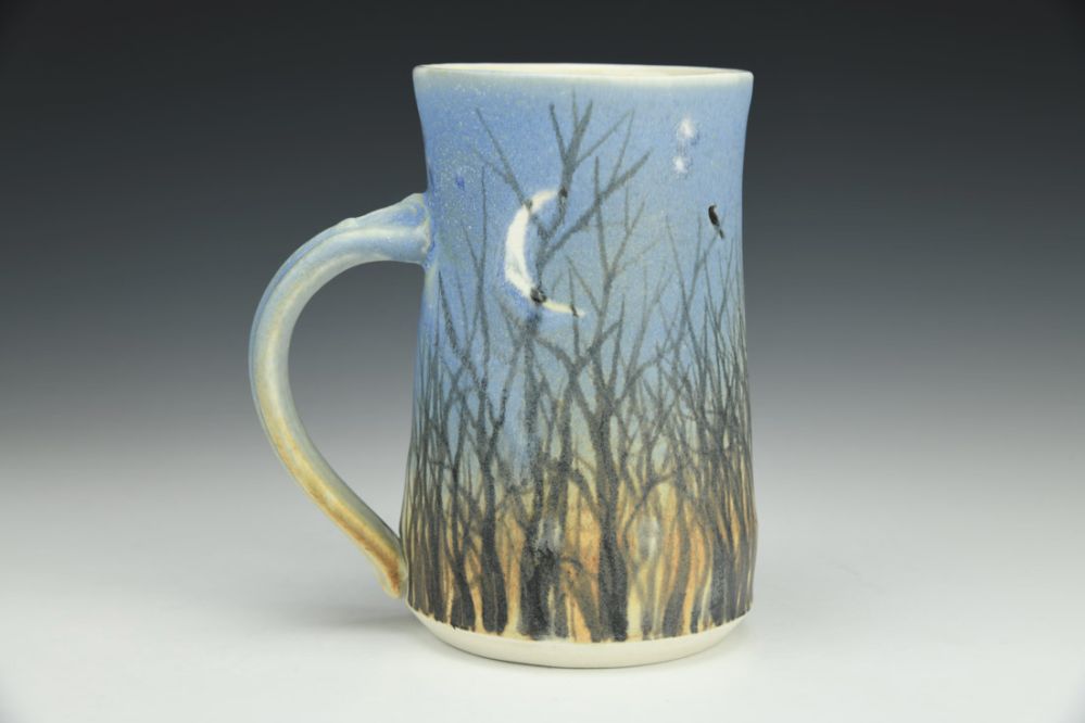 Cup - Dusk Sky Moon, Trees, and Birds