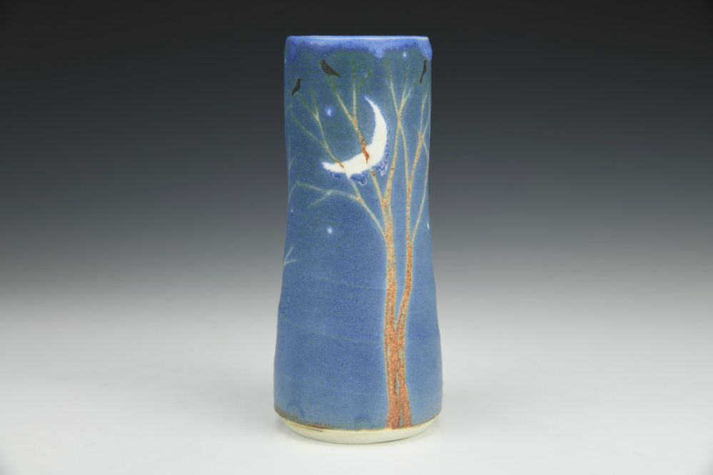 Tiny Vase - Night Sky Moon, Stars, and Birds in Treetops