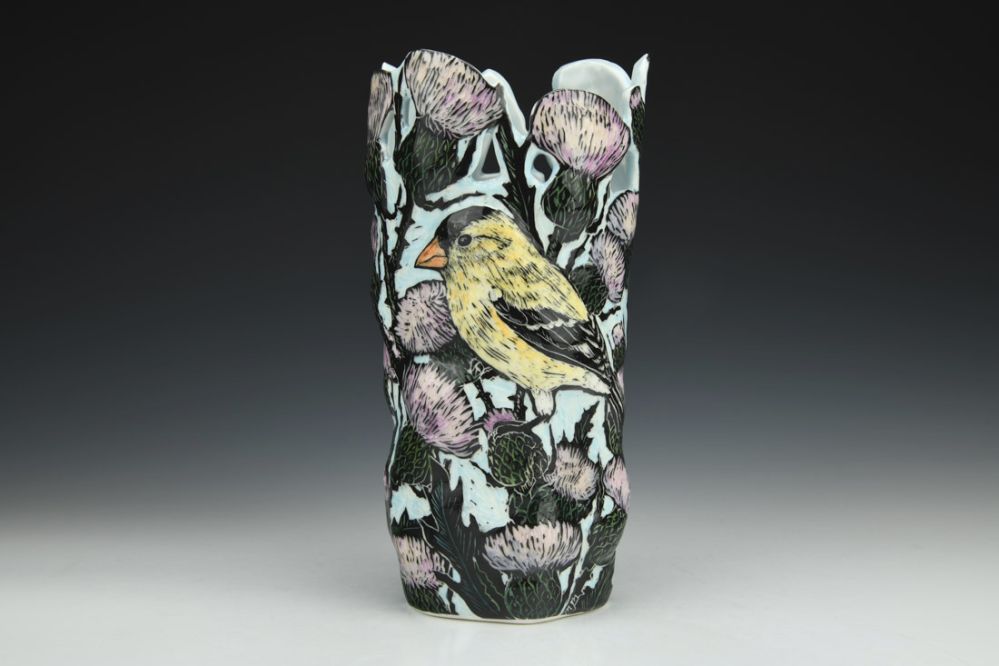 Goldfinch and Swallowtail Vase