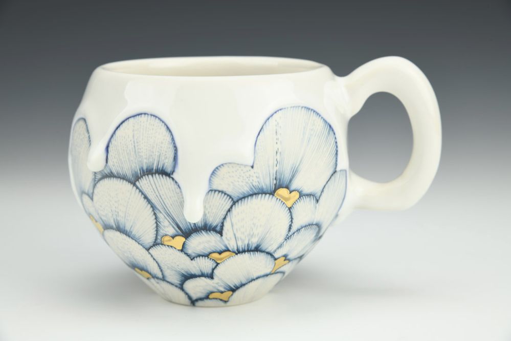 Blue and White Heart Mug in Gold