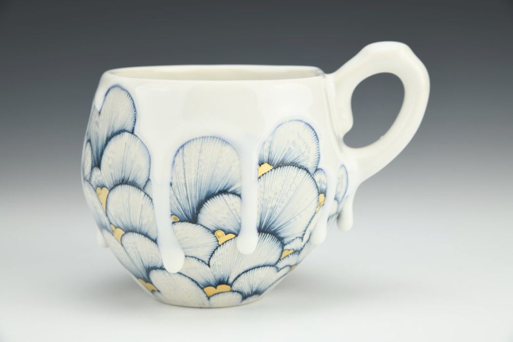 Blue and White Hearts Mug in Gold
