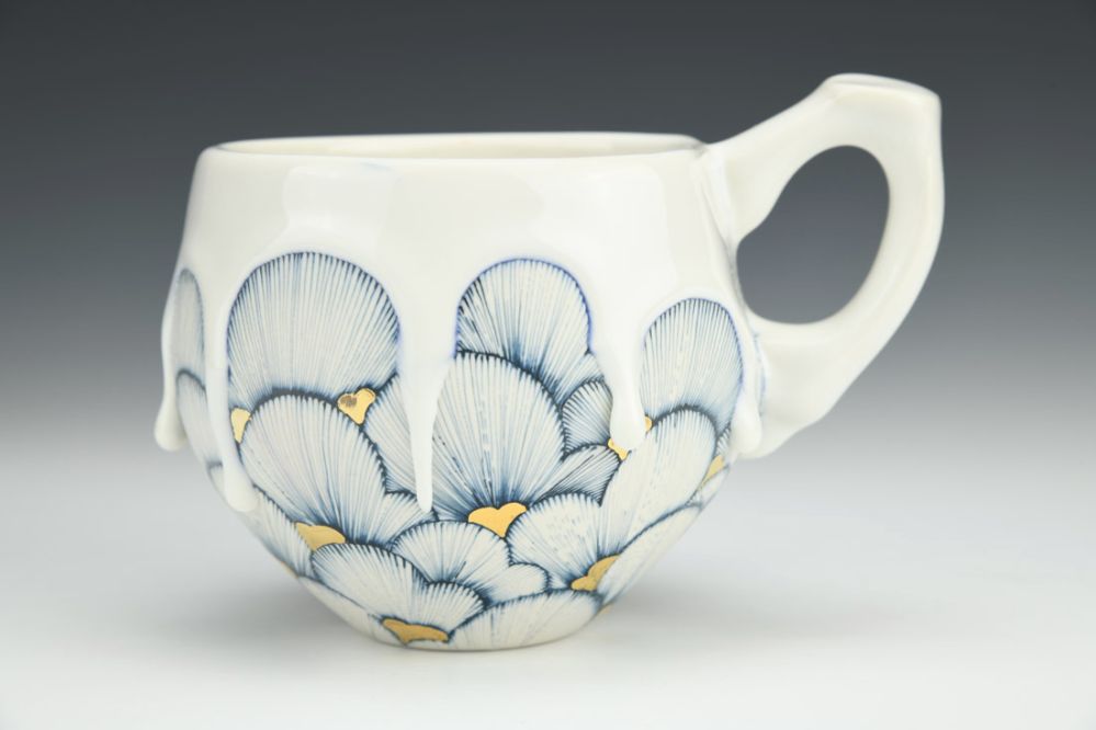 Blue and White Heart Mug with Gold