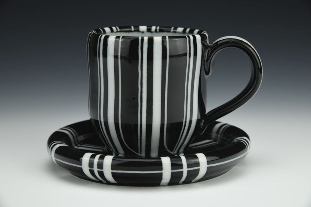 Black and White Striped Cup and Saucer