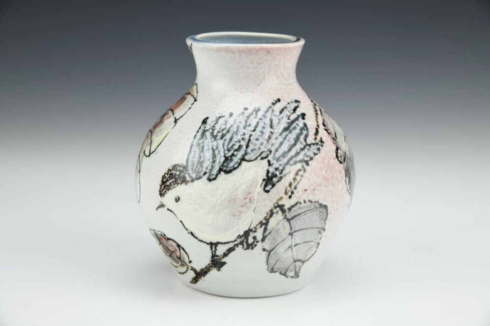 Nuthatch and Fall Leaves Vase