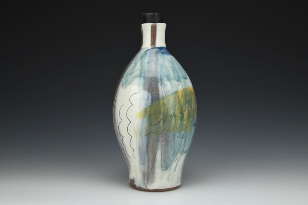 Blue and White Whiskey Bottle