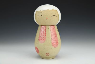 Kokeshi Inspired Vessel - Cheerful Pink Whimsical Landscape with White Hair