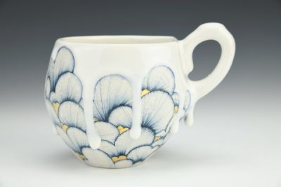 Blue and White Hearts Mug in Gold