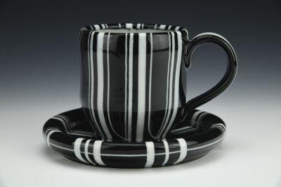Black and White Striped Cup and Saucer