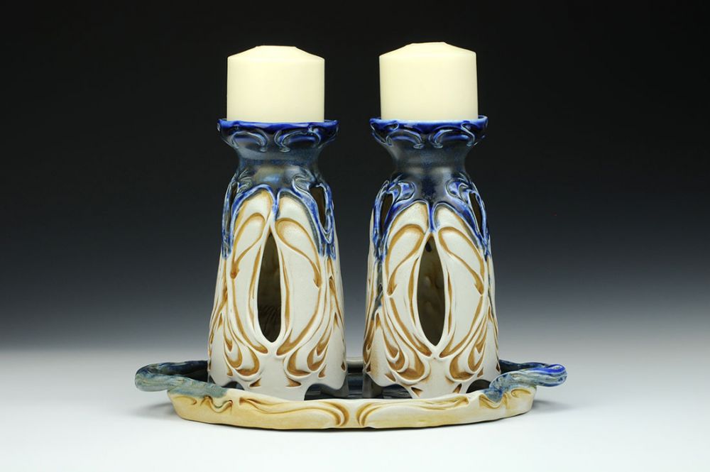 Nouveau Candle Holder Pair with Tray
