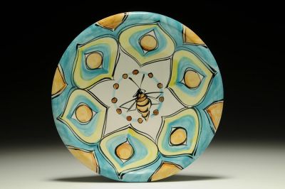 Turquoise Plate with Bee and Yellow Flowers