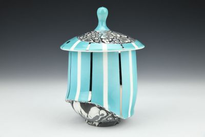 Blue and White Striped Jar