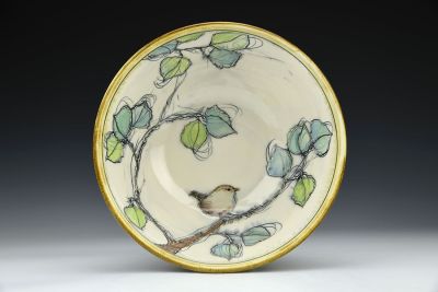 Wren and Leaves Tall Serving Bowl