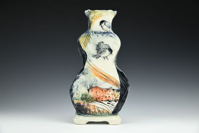 Chickadees and Town, Cardinal and Countryside Vase