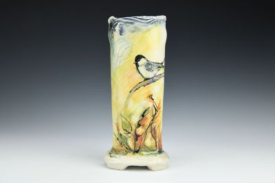 Chickadee, Butterfly and Foliage Vase