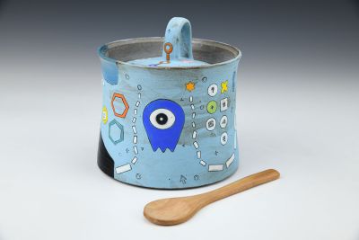 Blue One Eyed Alien Sugar Pot and Spoon