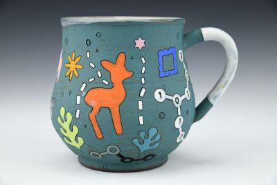 French Green Potbelly Cup with Deer Motif