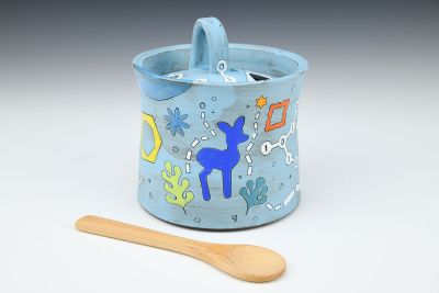 Blue Sugar Pot with Deer Motif and Spoon