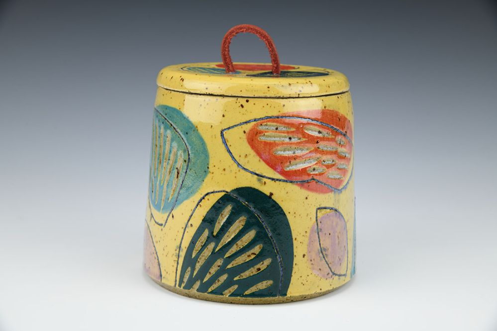 Yellow Jar with Leather Handle