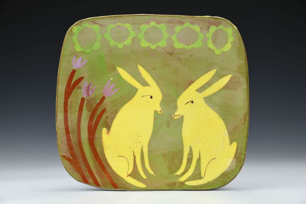 Yellow Spring Rabbits with New Flowers Platter