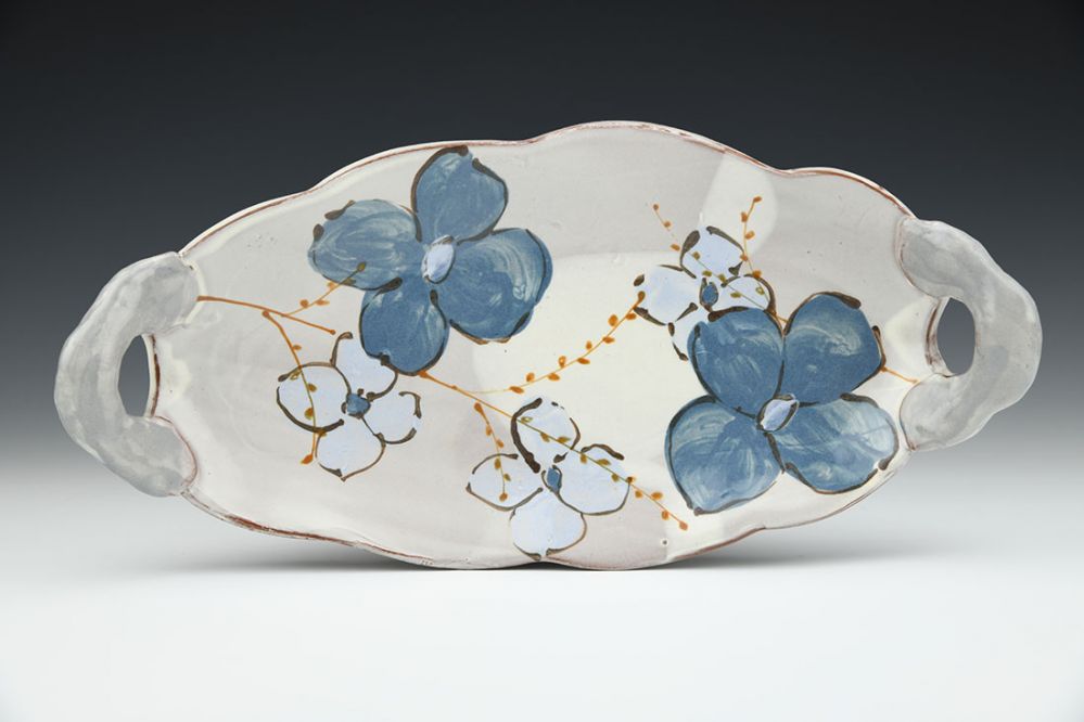 Long Blue Floral Tray with Puffy Handles